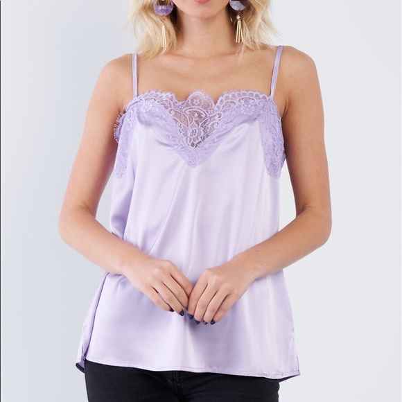 💜 Lavender Satin Lace V-Neck Adjustable Cami Top - Picture 1 of 4